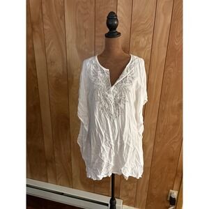 Boutique by Evergreen White Embroidered Kaftan Tunic Top S/M Boho Beach Coverup